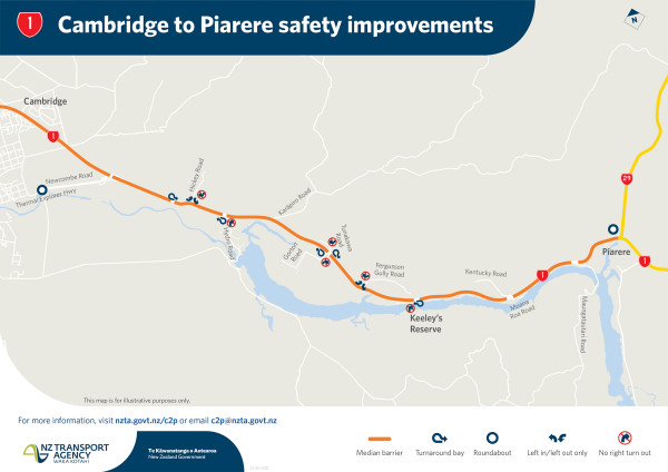 Map with symbols highlighting main work areas along Cambridge to Piarere