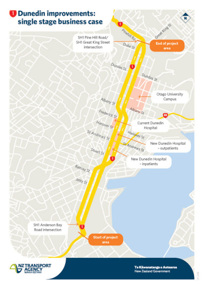 Map showing SH1 Dunedin one way system speed review area