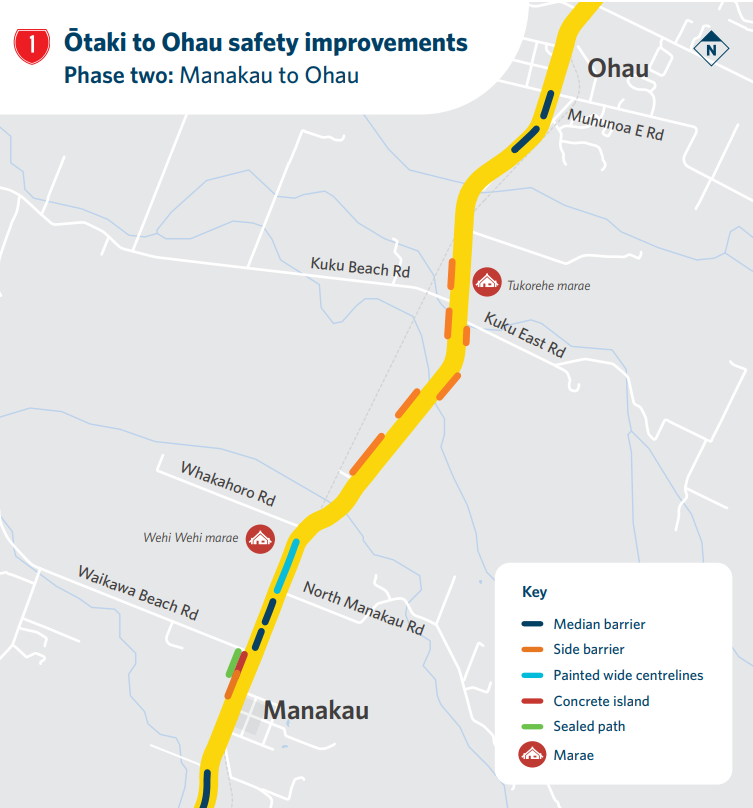 Ōtaki to Ohau safety improvments map