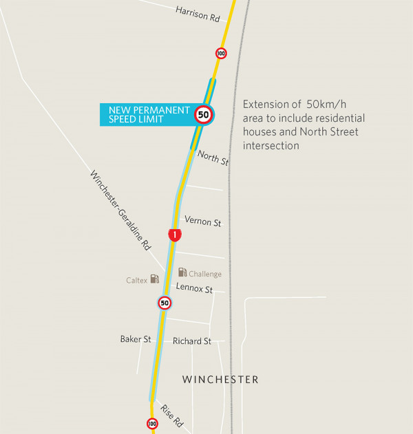 SH1 Winchester map showing new speed limits