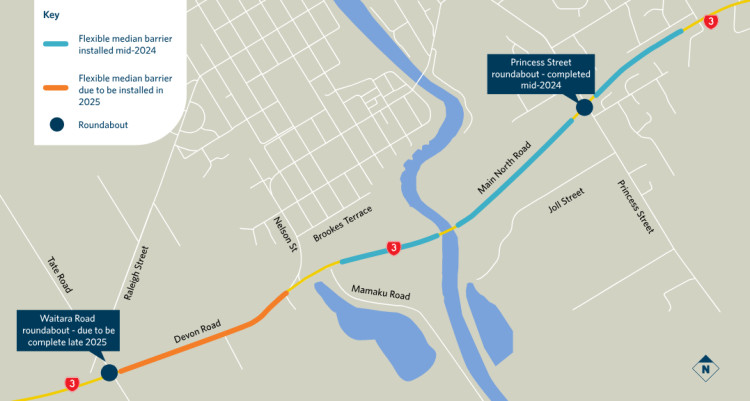 An informative map displaying where two roundabouts are completed and indications where the flexible median barriers will be installed.