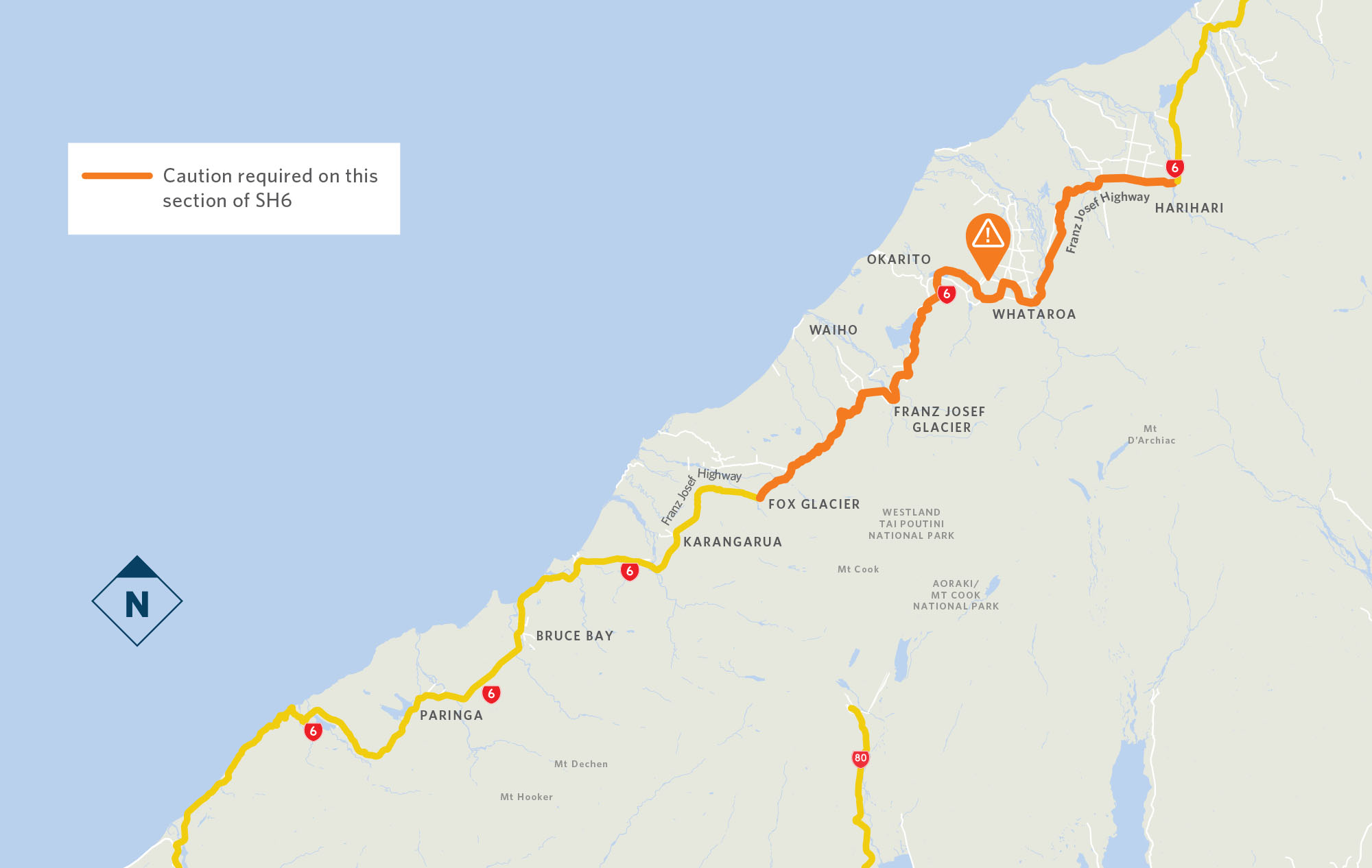 Illustrated map showing the West Coast area affected by the storm in December 2019. The north section between Whataroa and Harihari is closed. The road between Fox Glacier and Frans Josef Glacier townships is open between daylight hours 8am to 8pm. Caution is required for the rest of State Highway 6 between Haast and Whataroa.