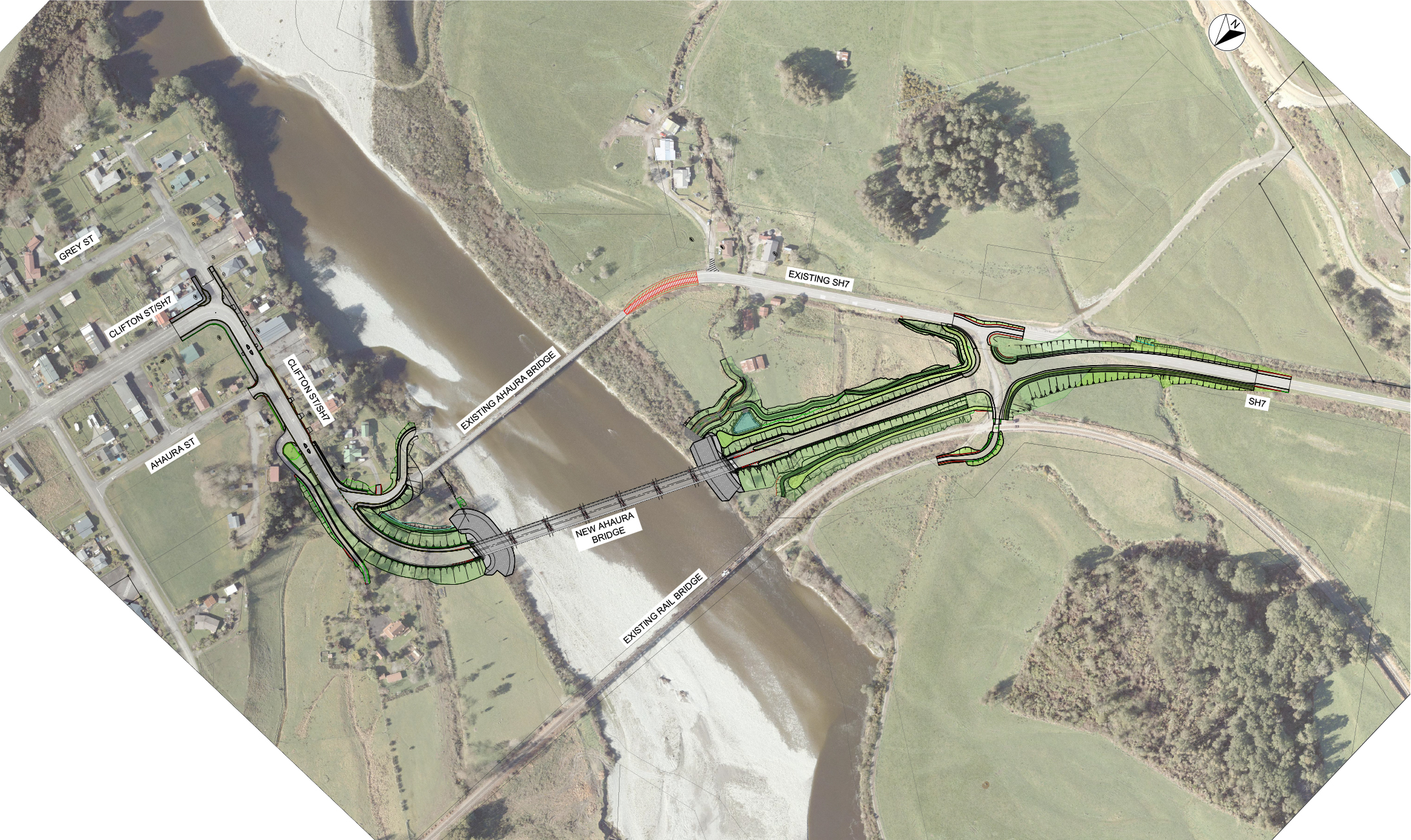 Satellite map showing plan for replacement Ahaura River Bridge.