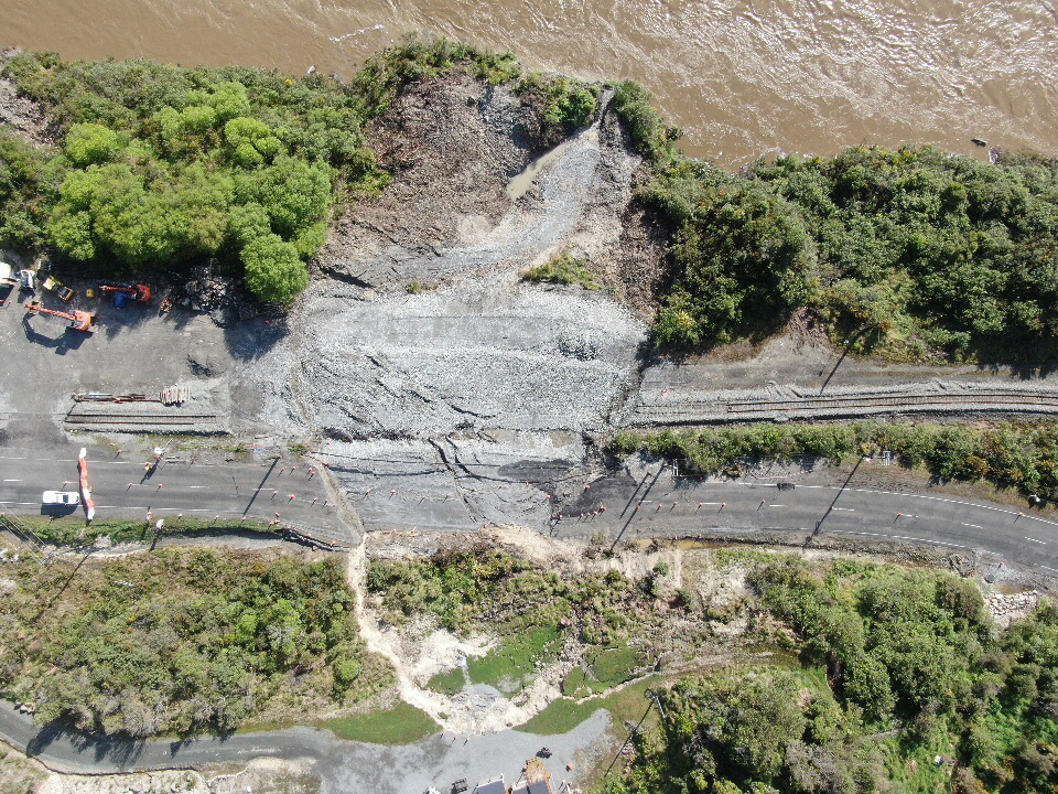 Aerial view of the landslide at SH7 Omoto