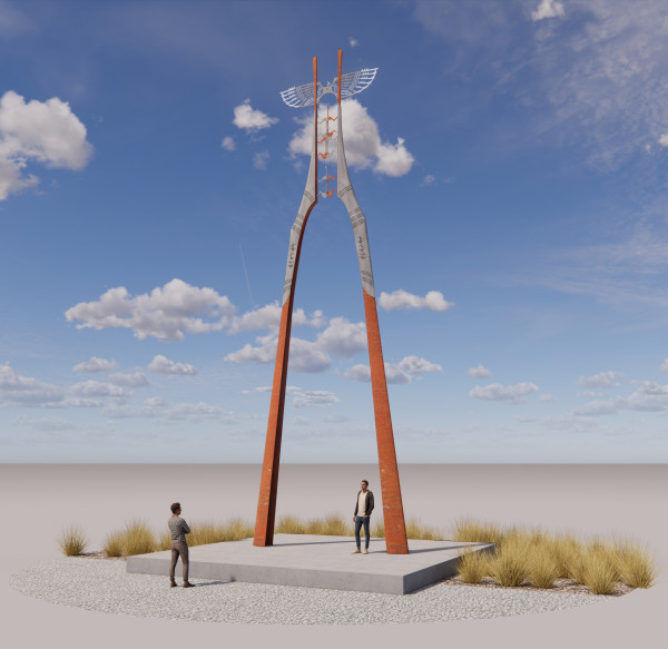 concept artwork of people standing next to a tall metal structure