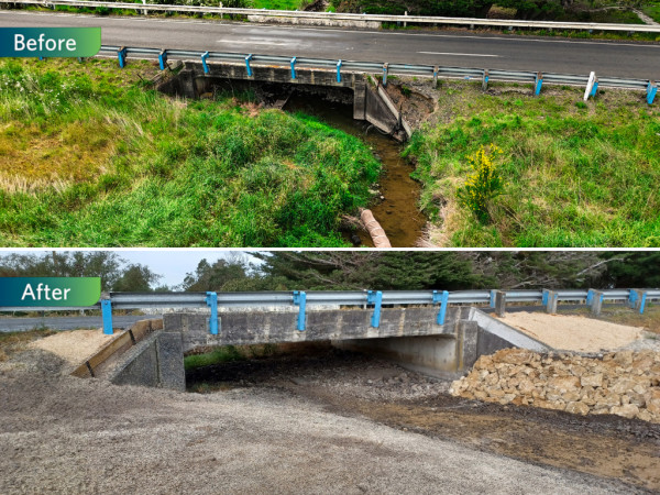 Composite image showing before and after of bridge repairs