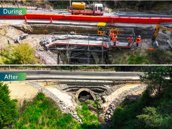 Composite image showing before and after of construction on a culvert under the road