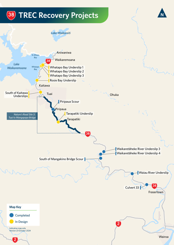 Map showing the project sites along SH38 which are either completed or in design.