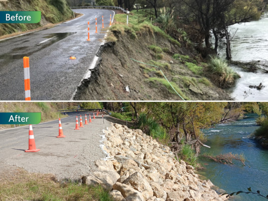 Composite image of an underslip next to a river being repaired