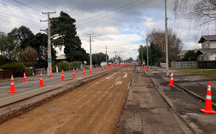 A dirt road marked by orange cones, with a few trees nearby, indicating a temporary obstruction or work zone.