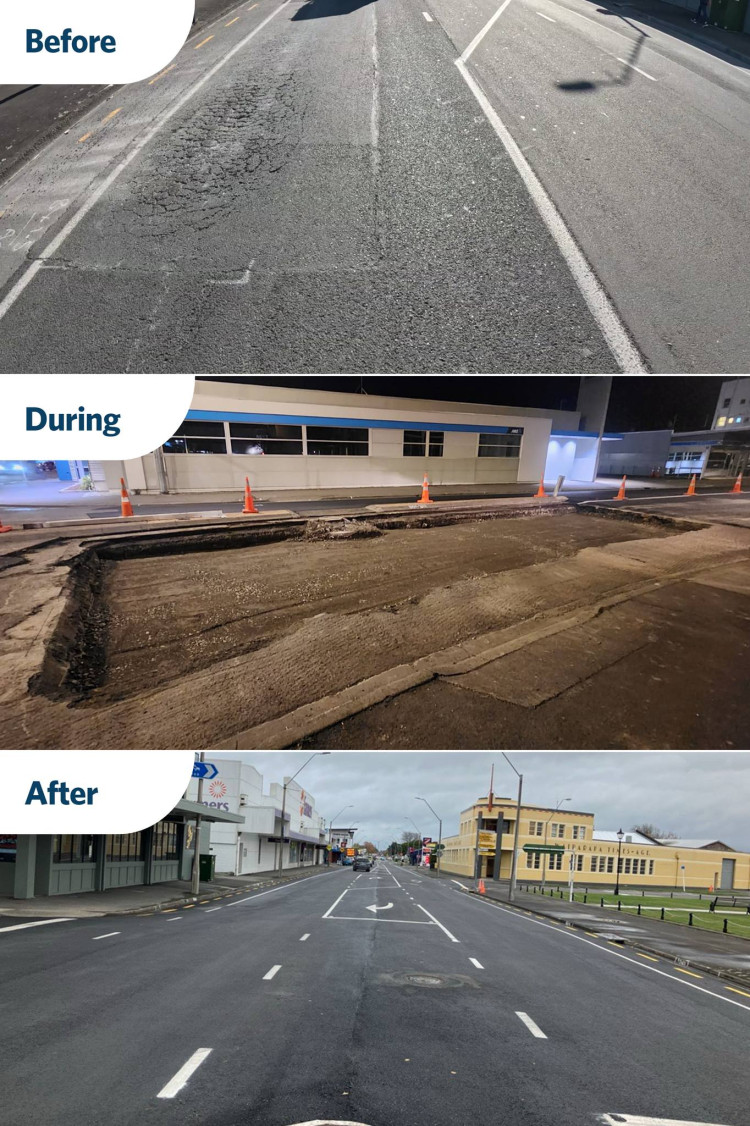 Progress of a road from before to after.