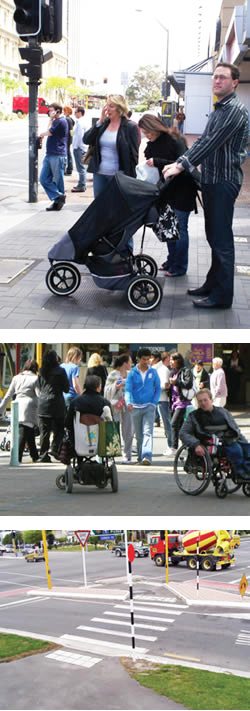 section cover photographs - parents with pram; people in wheelchairs; pedestrian crossing.