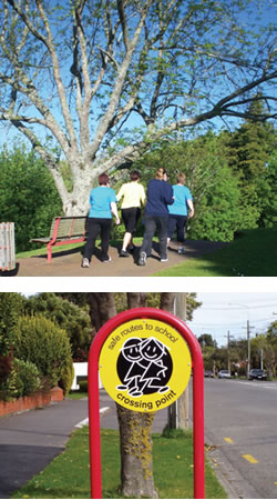 section cover photographs - people walking in park, school crossing point sign.