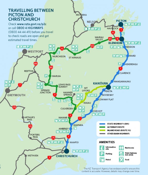 Map of travel routes from Picton to Christchurch