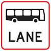 A white square with red border. It has a black bus with black text underneath reading lane.
