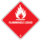 A red diamond sign with a white border and a white picture of a flame and white text saying flammable liquid.
