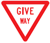 A white upside down triangle with red border and red text reading give way.