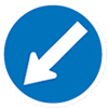 A blue circle with white border and white arrow angled down and left.