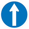 A blue circle with a white border and a white arrow pointing straight up.