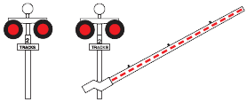 Two railway level crossings signals have red lights and underneath there is a sign that says 2 tracks. A barrier arm with red perforated line markings is attached to one of the signals.