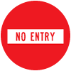 A red circle. In the centre is a white rectangle with red text reading no entry.