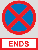 A blue circle with a red border and a red x over it. Underneath is the word ends in red.
