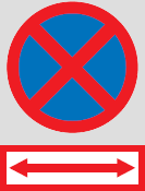 A blue circle with a red border and a red x over it. Underneath is a red arrow pointing both ways.