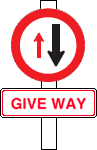 A white pole with a round white sign with a red border. A smaller red arrow pointing up and a larger black arrow pointing down in the centre of the sign. A white rectangle sign with a red border and red text saying give way sits underneath. 