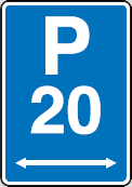 Regulatory traffic sign on a blue background with a letter P, a number 20, and an arrow pointing both directions. It means parking area as indicated by the arrow, is limited to 20 minutes.
