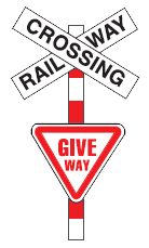 On a red and white post there are two signs. The top one is a white information sign with two panels like a letter X. It says railway one way and the other way says crossing. The second sign is a regulatory traffic upside down triangular sign with a red border that says give way.