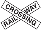 White information sign with two panels like a letter X. It says railway one way and the other way says crossing.