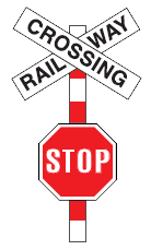 On a red and white post there are two signs. The top one is a white information sign with two panels like a letter X. It says railway one way and the other way says crossing. The second sign is a regulatory hexagonal traffic sign that says stop.