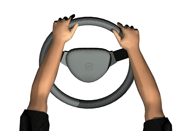 Steering wheel held at top third of wheel, hands starting to move