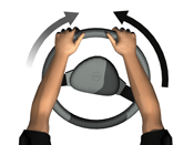 Steering wheel with hands at the top third. Arrow indicates wheel being turned left.