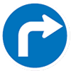 A blue circle with white border and white curved arrow pointing right.